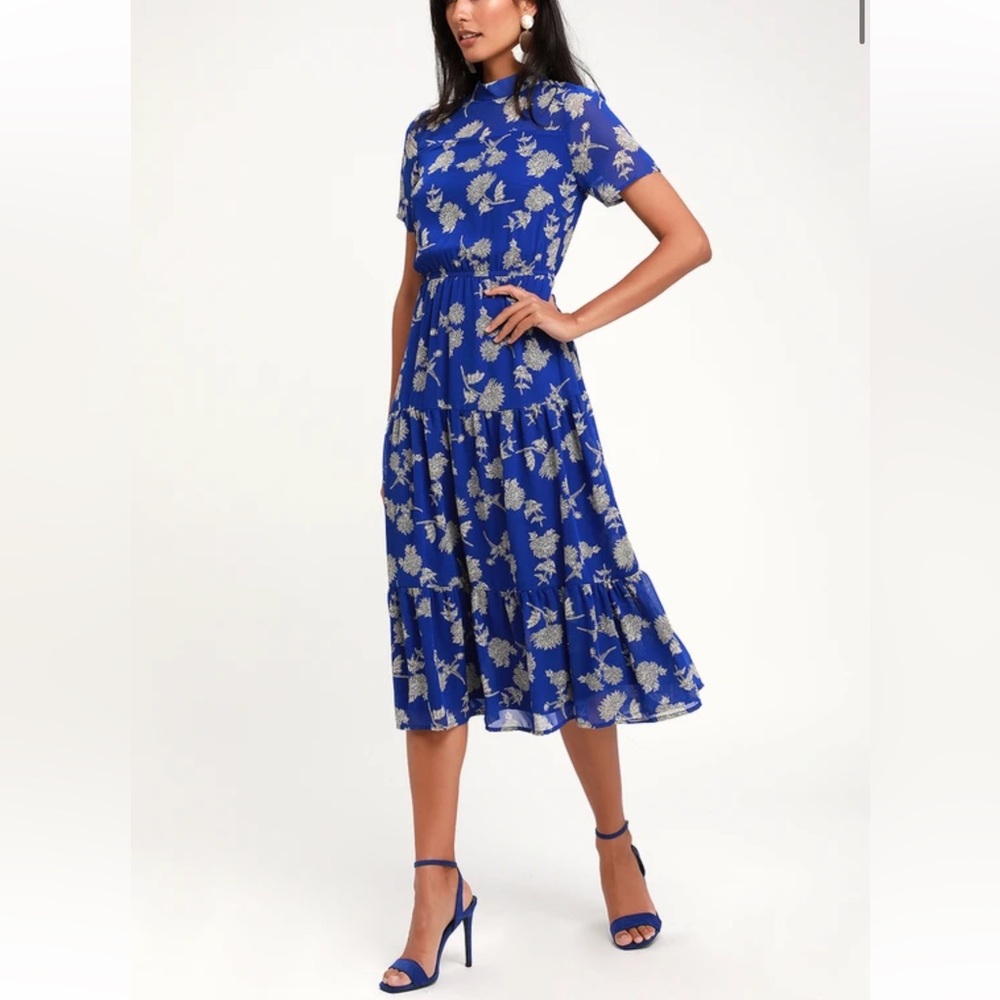 Lulus Royal Blue Floral Midi Dress, size XL
